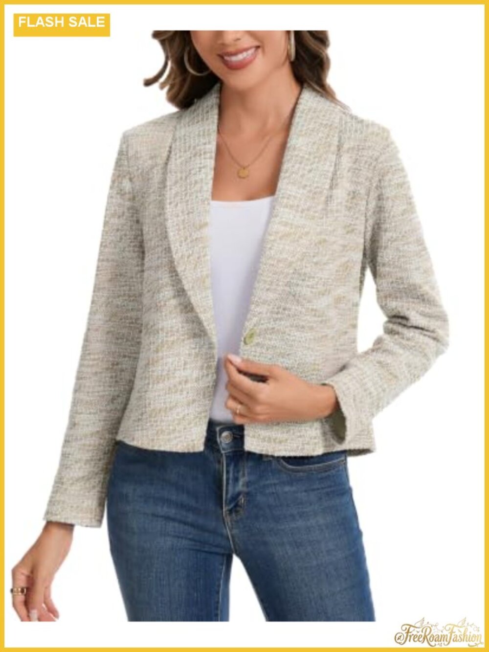Cropped Tweed Blazer Women Long Sleeve Shawl Lapel Button Business Casual
